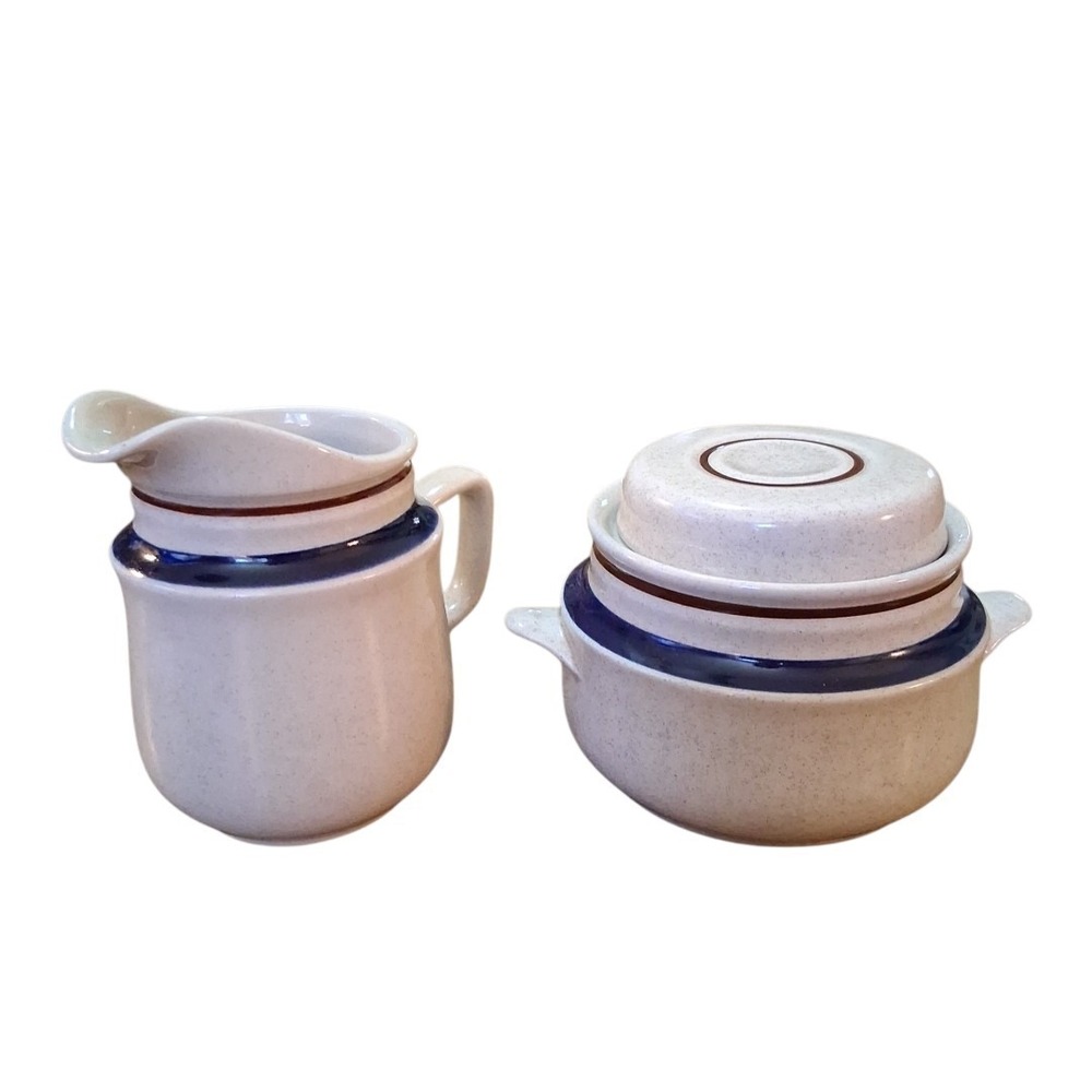 Vtg Contemporary Chateau Sugar Bowl w/Lid & Creamer Handpainted Stoneware Japan